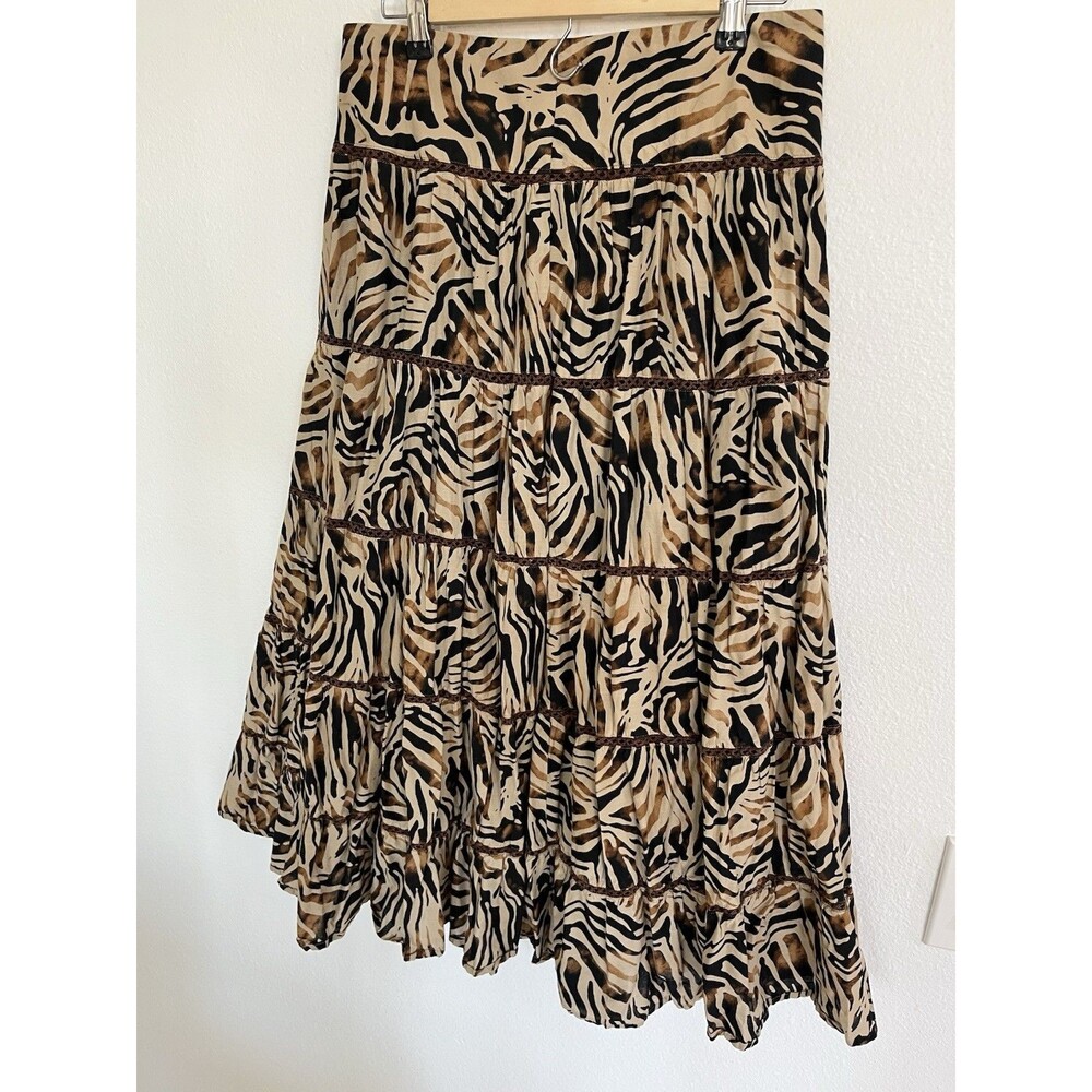 Jones New York Leopard Print Womens Maxi Skirt 4 Brown Tiered Eyelet Accent Boho